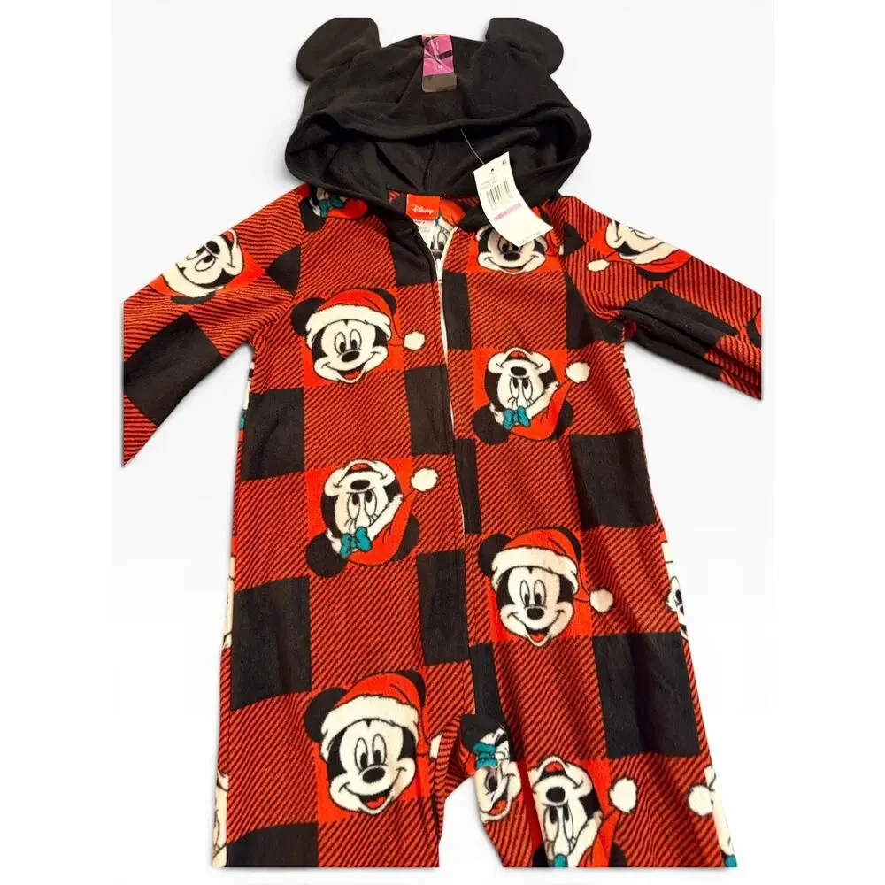 NWT Disney Mickey Christmas Fleece One Piece Pajamas Kids 4 Red Black